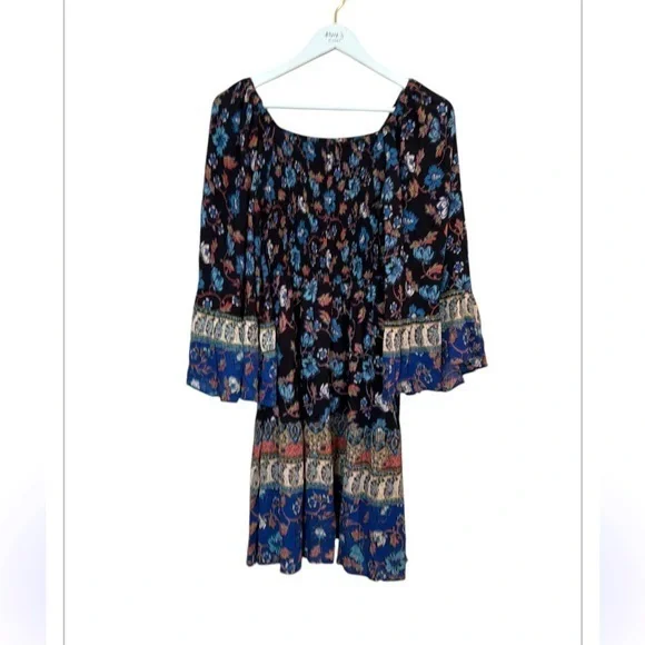 Angie Floral Flare Sleeve Blue Ruffle Smocked Boho Cottagecore Dress Size M - Picture 1 of 16